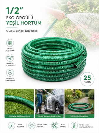 Beylini 1/2" 25 Metre Örgülü Bahçe Hortumu Balkon Bahçe Sulama Temizlik Araç Yıkama Su Hortumu Dolanmaz Kırılmaz Yeşil (Yeşil, 1/2" 25 MT)