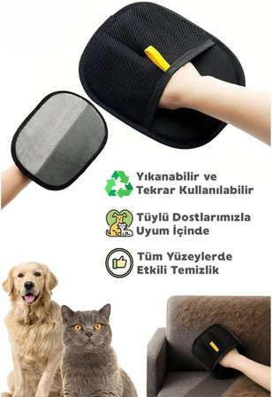 Kedi Köpek Tüy Toplayıcı Çift Taraflı Statik Temizlik Eldiveni | Giysi, Halı, Koltuk ve Mobilya için Tüy Temizleme Eldiveni | Dayanıklı, Ergonomik, Kolay Kullanım (Standart, Adet, 2)