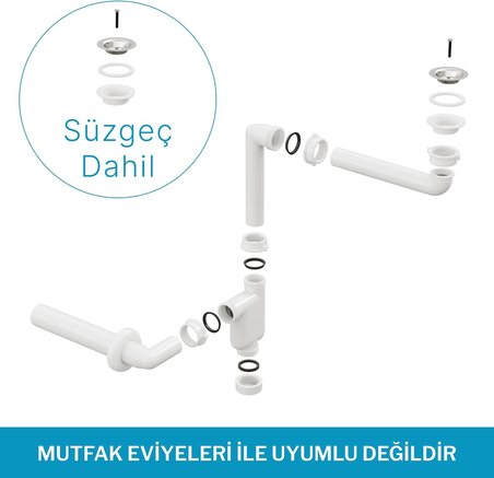 Comfort Yer Kazandıran Lavabo Sifonu ve Süzgeç - 2 Parça, Kolay Temizlenir, Ayarlanabilir Koku Önleyici Gider Borulu - 32 mm-Süzgeç Dahil