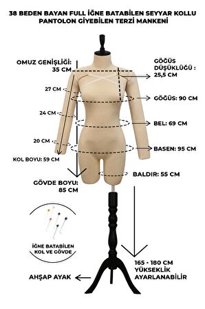 38 Beden Üst ve Alt Grup Pantolon Giyebilen Kollu İğne Batabilen Prova Mankeni Terzi Mankeni