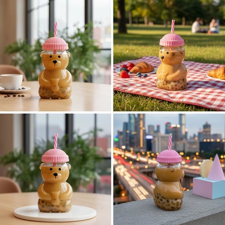 Sevimli Ayıcık Figürlü Borosilikat Cam Bardak 580 ml - Silikon Kapaklı ve Pipetli Lüx Barista Soğuk İçecek Bardağı (PEMBE)