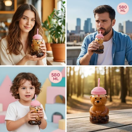 Sevimli Ayıcık Figürlü Borosilikat Cam Bardak 580 ml - Silikon Kapaklı ve Pipetli Lüx Barista Soğuk İçecek Bardağı (PEMBE)