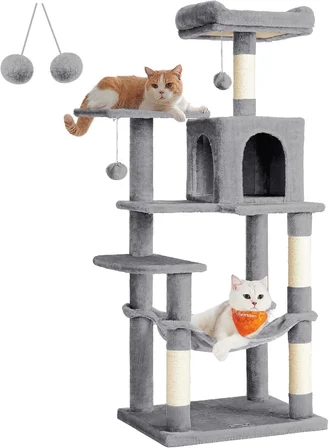 PCT161W01 tırmalama ağacı, 143 cm yüksekliğinde, kedi ağacı, çok katlı kedi evi, 4 tırmalama sütunu, 2 platform, hamak, mağara, açık gri