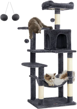 PCT161W01 tırmalama ağacı, 143 cm yüksekliğinde, kedi ağacı, çok katlı kedi evi, 4 tırmalama sütunu, 2 platform, hamak, mağara, açık gri