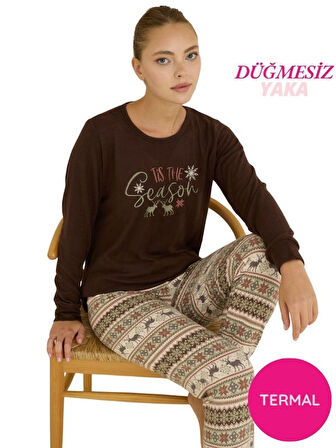Kadın Bisiklet Yaka Düğmesiz Bilekler Lastikli/Jogger Yumuşak Termal Kışlık Pijama Takımı