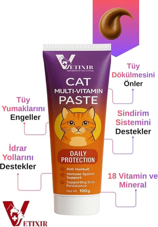 Multi Paste 100 Gr Kediler Için Bağışıklık Sistemi Destekleyici Multi Paste | Tüy Dökümü Engelleyici Vitamin İçerikli Multivitamin Macunu