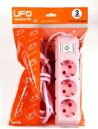3lü Anahtarlı Grup Priz 3 metre 16A 250V, Üçlü Topraklı Uzatma Kablosu 3 metre Pembe Renk