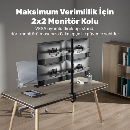 STD5704B 17"-32" Dörtlü Monitör Standı, 2x2 Kurulum, Trader/Yazılımcı Monitör Kolu/Tutucu, 735mm Direk Yükseklik Ayarlı, VESA (4x7kg)