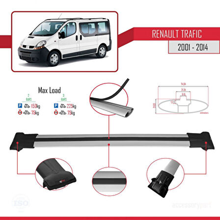Renault Trafic 2 (X83) 2001-2014 Arası ile Uyumlu FLY Model Ara Atkı Tavan Barı Gri 2 Adet