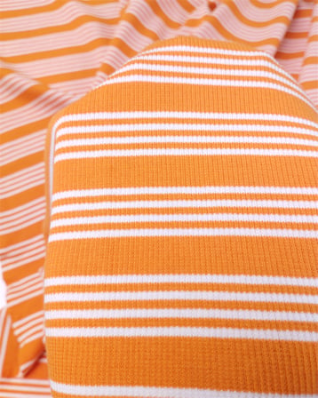 Turuncu Renkte Enine Çizgili İnce Yumuşak Esnek Kaşkorse Örme Kumaş Elbiselik & Bluzluk En: 100cm
