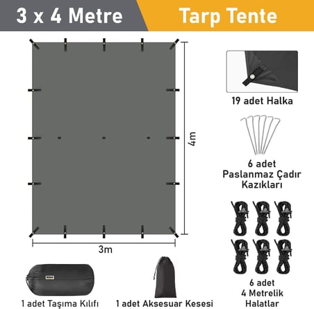 Tarp Gölgelik Tente, Taşınabilir Örtü Branda Çok İşlevli Outdoor Açık Hava Kamp Seyahat Tente Branda Güneşlik Karavan Tente Yan Çadır Gölgelik - 300x400 cm - Siyah