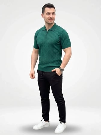 Erkek Yazlık Triko Saç Örgü Tişört Kısa Kol Polo Yaka Fermuarlı T-Shirt - Haki