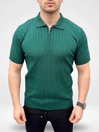 Erkek Yazlık Triko Saç Örgü Tişört Kısa Kol Polo Yaka Fermuarlı T-Shirt - Haki