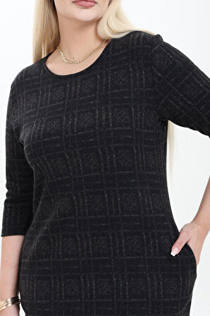 Çift Cepli Desenli Esnek Kışlık Büyük Beden Midi Elbise 22A-2753