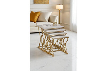 Arden Elite 4'lü Kare Zigon Sehpa Seti – Gold Ayak, Krem Mdf
