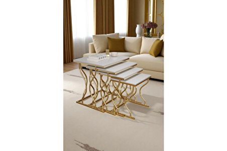 Arden Elite 4'lü Kare Zigon Sehpa Seti – Gold Ayak, Krem Mdf