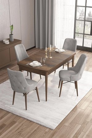 Are Serisi 80x132 Mdf Açılabilir Barok Ahşap Desen Masa Takımı Ve 4 Gri Sandalye