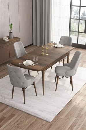 Are Serisi 80x132 Mdf Açılabilir Barok Ahşap Desen Masa Takımı Ve 4 Gri Sandalye
