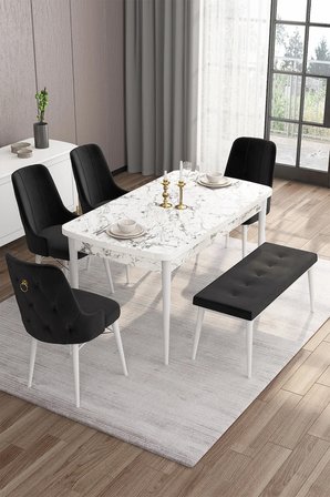 Are Serisi 80x132 Mdf Açılabilir Beyaz Mermer Desen Masa Takımı 4 Siyah Sandalye Ve 1 Bench