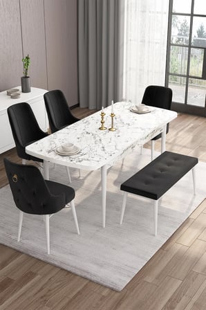 Are Serisi 80x132 Mdf Açılabilir Beyaz Mermer Desen Masa Takımı 4 Siyah Sandalye Ve 1 Bench