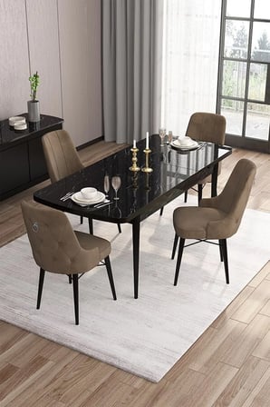 Are Serisi 80x132 Mdf Açılabilir Siyah Mermer Desen Masa Takımı Ve 4 Kahverengi Sandalye