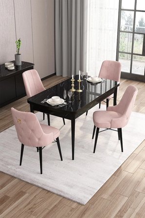 Are Serisi 80x132 Mdf Açılabilir Siyah Mermer Desen Masa Takımı Ve 4 Pembe Sandalye