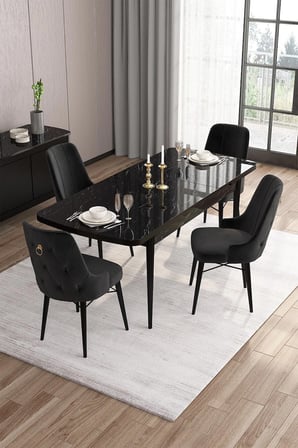 Are Serisi 80x132 Mdf Açılabilir Siyah Mermer Desen Masa Takımı Ve 4 Siyah Sandalye