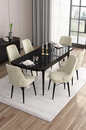 Are Serisi 80x132 Açılabilir Mdf Siyah Mermer Desen Masa Takımı Ve 6 Krem Sandalye