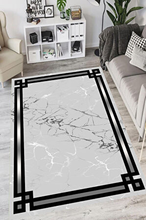 Gri Pvc Deri Kaymaz Taban Çerçeve Salon Saçaksız Halı B1211