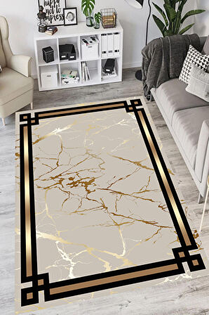 Gold Pvc Deri Kaymaz Taban Çerçeve Salon Saçaksız Halı B1212