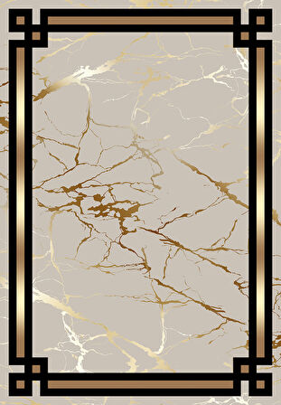 Gold Pvc Deri Kaymaz Taban Çerçeve Salon Saçaksız Halı B1212