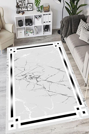 Gri Pvc Deri Kaymaz Taban Çerçeve Salon Saçaksız Halı B1213