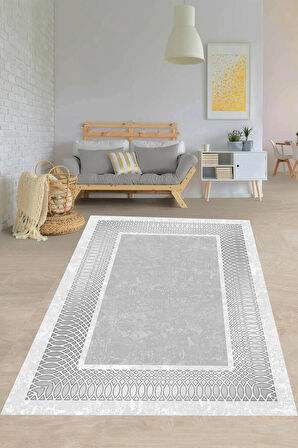 Gümüş Pvc Deri Kaymaz Taban Çerçeve Salon Saçaksız Halı B1223