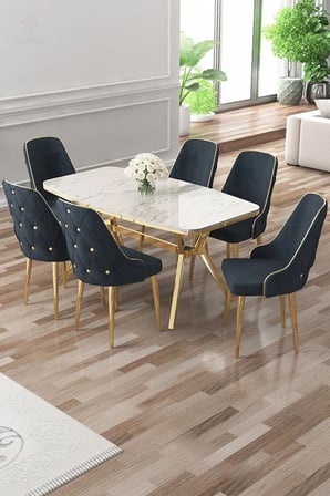 Asel Serisi 90x160 Lak Panel Beyaz Mermer Desen Gold Ayaklı Masa Takımı ve 6 Antrasit Sandalye