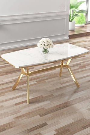 Asel Serisi 90x160 Lak Panel Beyaz Mermer Desen Gold Ayaklı Masa Takımı ve 6 Antrasit Sandalye