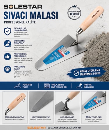SOLESTAR 22 CM Premium Spatula Sıvacı Malası Profesyonel Sıva Harç ve İnşaat Malası Ahşap Saplı