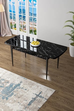 Zen Serisi 80x132 Mdf Açılabilir Siyah Mermer Desen Masa Takımı 4 Zebra Ve 2 Siyah Sandalye