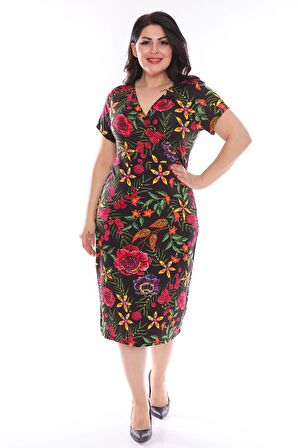 Kruvaze Yaka Çiçekli Büyük Beden Elbise 22D-0963