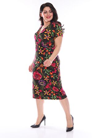 Kruvaze Yaka Çiçekli Büyük Beden Elbise 22D-0963