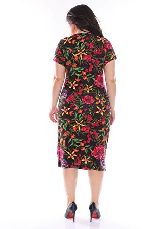 Kruvaze Yaka Çiçekli Büyük Beden Elbise 22D-0963