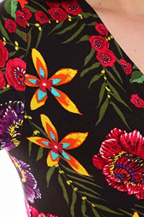 Kruvaze Yaka Çiçekli Büyük Beden Elbise 22D-0963