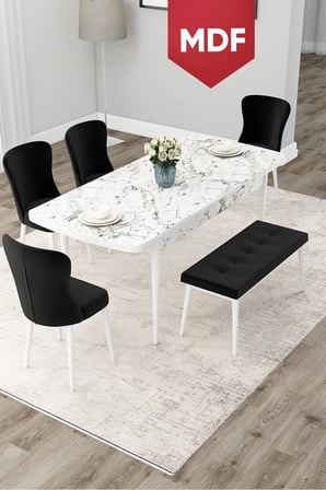 Due Serisi 80x132 MDF Açılabilir Beyaz Mermer Desen Yemek Odası Takımı 4 Siyah Sandalye Ve 1 Bench