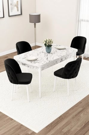Jae Serisi Açılabilir 80x132 Beyaz Mermer Desen Mutfak Masası Takımı Ve 4 Siyah Sandalye