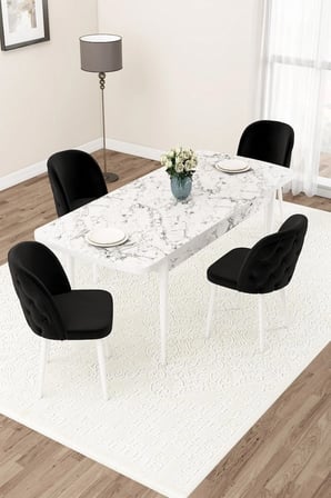 Jae Serisi Açılabilir 80x132 Beyaz Mermer Desen Mutfak Masası Takımı Ve 4 Siyah Sandalye