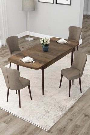 Due Serisi 80x132 Açılabilir Barok Ahşap Desen Mutfak Masası Takımı Ve 4 Cappucino Sandalye