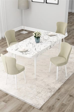 Due Serisi 80x132 Açılabilir Beyaz Mermer Desen Mutfak Masası Takımı Ve 4 Krem Sandalye