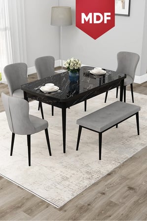 Due Serisi 80x132 MDF Açılabilir Siyah Mermer Desen Mutfak Masası Takımı 4 Gri Sandalye ve 1 Bench