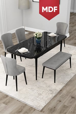 Due Serisi 80x132 MDF Açılabilir Siyah Mermer Desen Mutfak Masası Takımı 4 Gri Sandalye ve 1 Bench
