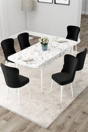 Due Serisi 80x132 Açılabilir Beyaz Mermer Desen Mutfak Masası Takımı 6 Siyah Sandalye
