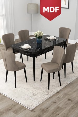 Due Serisi 80x132 MDF Açılabilir Siyah Mermer Desen Mutfak Masası Takımı 6 Cappucino Sandalye